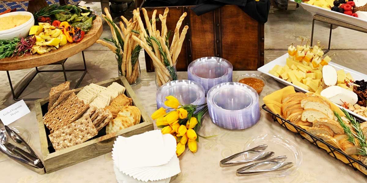 Catering spread of crackers and bread